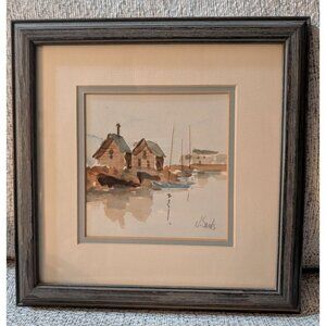Framed Watercolor Seascape by Jeanne Lay Sauls Beach Cottages Impressionistic